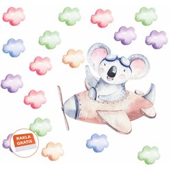 Naklejka na ścianę dla dzieci koala samolot kolorowe chmurki pastelowe naklejki pixitex