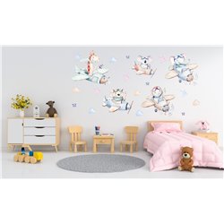Naklejka na ścianę dla dzieci kolorowe chmurki samoloty zwierzątka naklejki pixitex