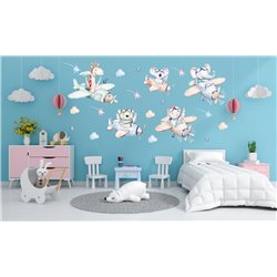 Naklejka na ścianę dla dzieci kolorowe chmurki samoloty zwierzątka naklejki pixitex