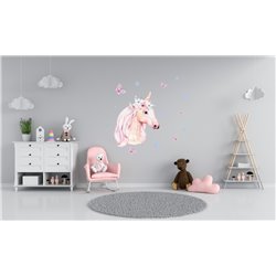 Naklejka na ścianę dla dzieci różowy jednorożec motyle gwiazdki pixitex
