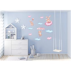 Naklejka na ścianę dla dzieci różowe króliki chmurki pixitex