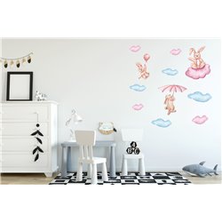 Naklejka na ścianę dla dzieci różowe króliki chmurki pixitex
