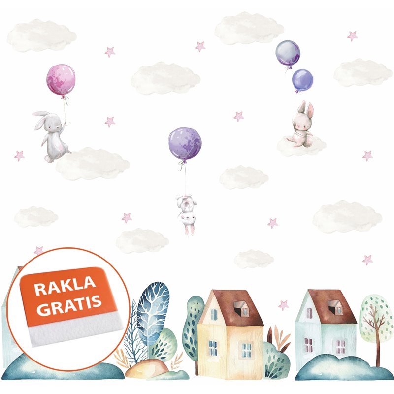Naklejka na ścianę dla dzieci króliczki balony domki chmurki pixitex