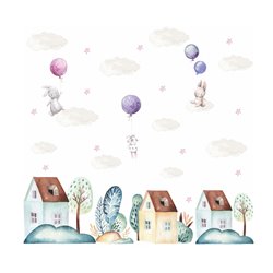 Naklejka na ścianę dla dzieci króliczki balony domki chmurki pixitex