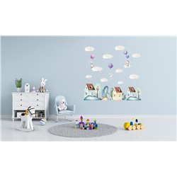 Naklejka na ścianę dla dzieci króliczki balony domki chmurki