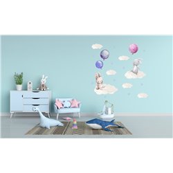 Naklejka na ścianę dla dzieci chmurki króliczki balony