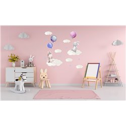 Naklejka na ścianę dla dzieci chmurki króliczki balony