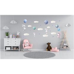 Naklejka na ścianę dla dzieci króliczki balony chmurki motyle