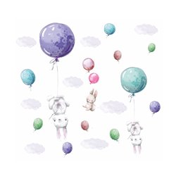 Naklejka na ścianę dla dzieci króliczki kolorowe balony chmurki pixitex