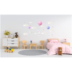 Naklejka na ścianę dla dzieci chmurki króliczki balony kwiatki pixitex