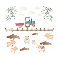 Naklejka na ścianę dla dzieci farma zwierzątka traktor chmurki pixitex
