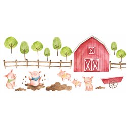 Naklejka na ścianę dla dzieci farma świnki stodoła drzewa pixitex