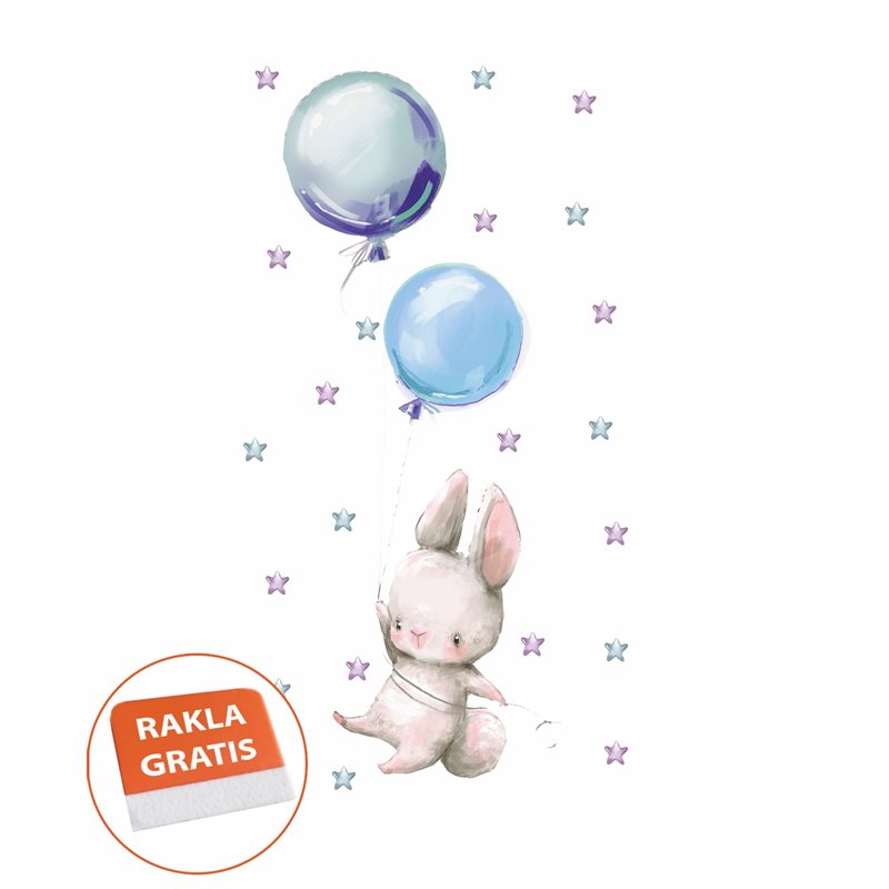 Naklejka na ścianę dla dzieci króliczki niebieskie balony gwiazdki płatki śniegu pixitex