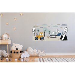Naklejka na ścianę dla dzieci budowa maszyny koparka traktor droga drzewa chmurki pixitex
