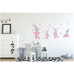 Naklejka na ścianę dla dzieci różowe króliki baletnice motyle korony pixitex
