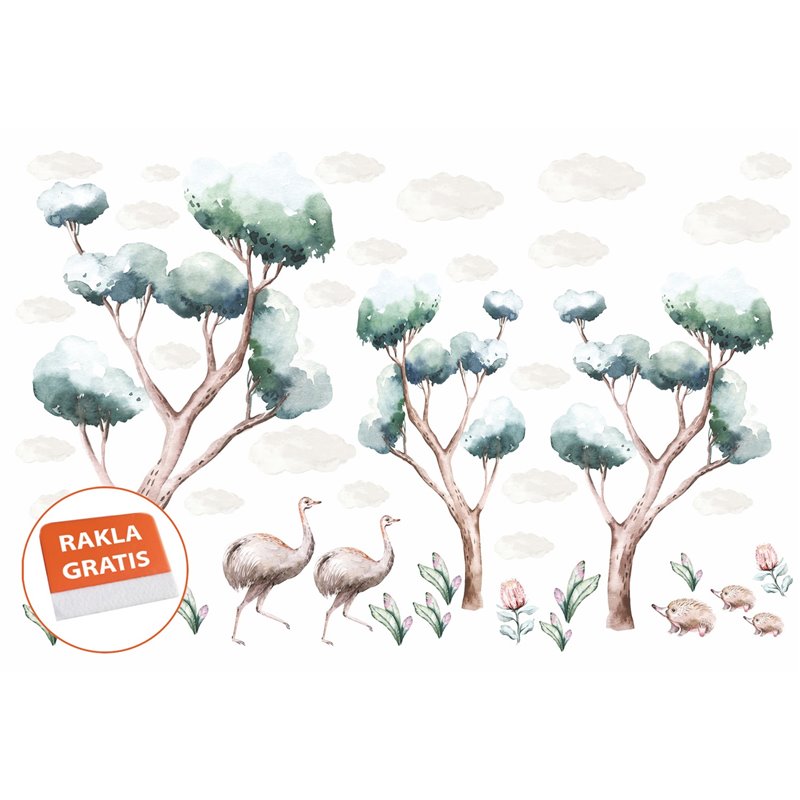 Naklejka na ścianę dla dzieci zwierzątka australia emu kolczatki drzewa chmurki dingo pixitex