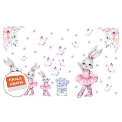 Naklejka na ścianę dla dzieci różowe króliki baleriny motyle kwiaty pixitex
