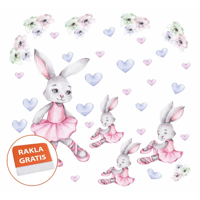 Naklejka na ścianę dla dzieci różowe króliki baleriny serduszka kwiaty pixitex