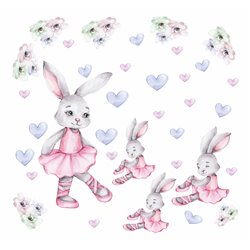 Naklejka na ścianę dla dzieci różowe króliki baleriny serduszka kwiaty pixitex