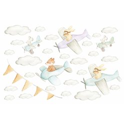 Naklejka na ścianę dla dzieci zwierzątka samoloty chmurki myszy zające lis chorągiewki pixitex