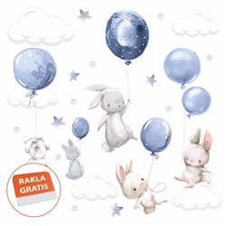 Naklejka na ścianę dla dzieci króliczki króliki balony chmurki gwiazdki niebieskie pixitex
