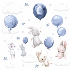 Naklejka na ścianę dla dzieci króliczki króliki balony chmurki gwiazdki niebieskie pixitex