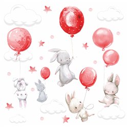 Naklejka na ścianę dla dzieci króliczki króliki balony chmurki gwiazdki czerwone pixitex