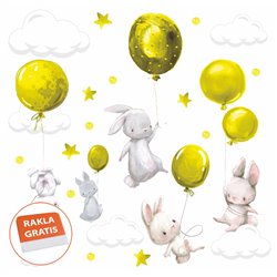 Naklejka na ścianę dla dzieci króliczki króliki balony chmurki gwiazdki żółte pixitex