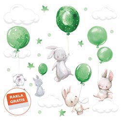 Naklejka na ścianę dla dzieci króliczki króliki balony chmurki gwiazdki zielone pixitex