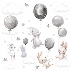 Naklejka na ścianę dla dzieci króliczki króliki balony chmurki gwiazdki szare pixitex