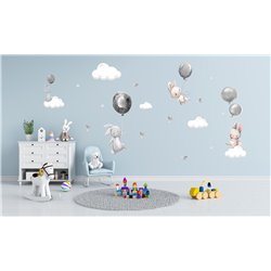 Naklejka na ścianę dla dzieci króliczki króliki balony chmurki gwiazdki szare pixitex