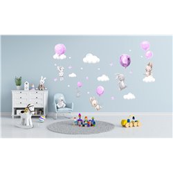 Naklejka na ścianę dla dzieci króliczki pastelowy różowy słodkie balony studiograf naklejki