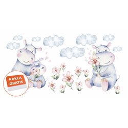 Naklejka na ścianę dla dzieci hipopotamy słodkie pastelowe naklejki chmurki kwiatki pixitex