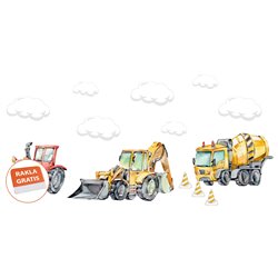 Naklejka na ścianę dla dzieci koparka gruszka dźwig traktor pachołki chmurki naklejki pixitex