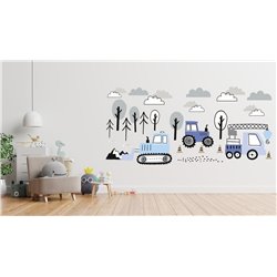 Naklejka na ścianę dla dzieci koparka traktor dźwig spychacz pastelowe naklejki samoprzylepne chmurki drzewa pixitex