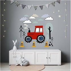 Naklejka na ścianę dla dzieci samoprzylepna naklejki traktor drzewa chmurki zielony niebieski czerwony fioletowy pixitex