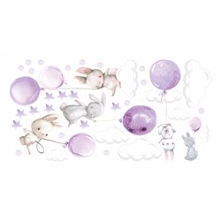 Naklejka na ścianę dla dzieci urocze pastelowe naklejki króliczki króliki baloniki balony fioletowe pixitex