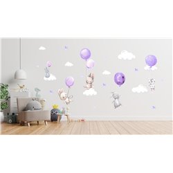 Naklejka na ścianę dla dzieci urocze pastelowe naklejki króliczki króliki baloniki balony fioletowe pixitex