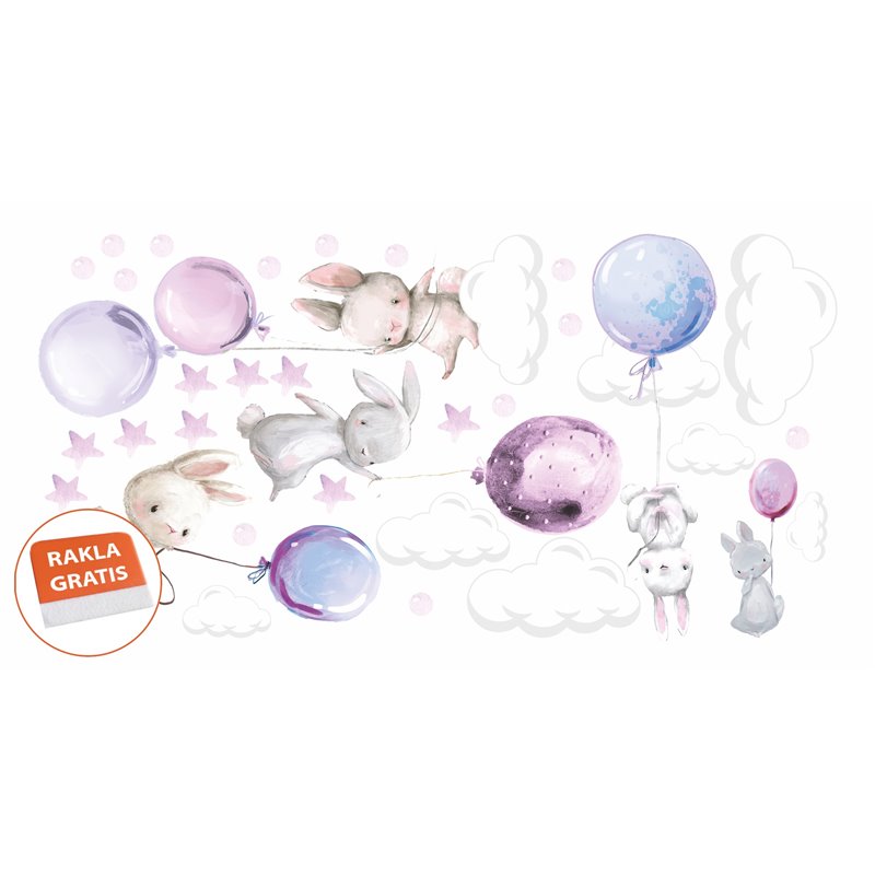 Naklejka na ścianę dla dzieci urocze pastelowe naklejki króliczki króliki baloniki balony różowo fioletowe pixitex