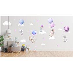 Naklejka na ścianę dla dzieci urocze pastelowe naklejki króliczki króliki baloniki balony różowo fioletowe pixitex