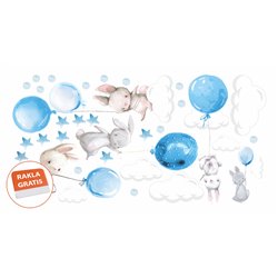 Naklejka na ścianę dla dzieci urocze pastelowe naklejki króliczki króliki baloniki balony niebieskie pixitex