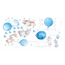 Naklejka na ścianę dla dzieci urocze pastelowe naklejki króliczki króliki baloniki balony niebieskie pixitex