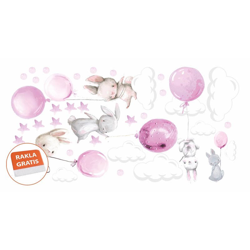 Naklejka na ścianę dla dzieci urocze pastelowe naklejki króliczki króliki baloniki balony różowe pixitex