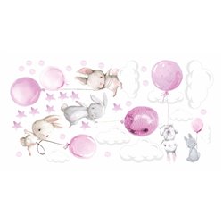 Naklejka na ścianę dla dzieci urocze pastelowe naklejki króliczki króliki baloniki balony różowe pixitex