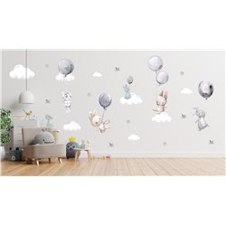 Naklejka na ścianę dla dzieci urocze pastelowe naklejki króliczki króliki baloniki balony szare pixitex