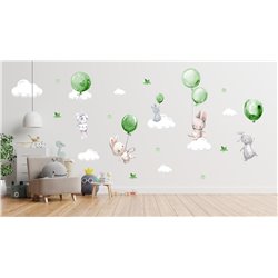 Naklejka na ścianę dla dzieci urocze pastelowe naklejki króliczki króliki baloniki balony zielone pixitex