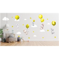 Naklejka na ścianę dla dzieci urocze pastelowe naklejki króliczki króliki baloniki balony żółte pixitex