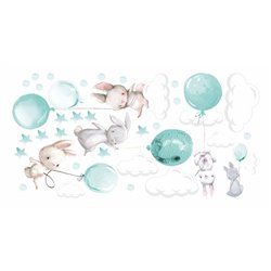 Naklejka na ścianę dla dzieci urocze pastelowe naklejki króliczki króliki baloniki balony miętowe pixitex