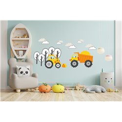 Naklejka na ścianę dla dzieci żółte naklejki koparki maszyny traktor wywrotka chmurki drzewa pixitex