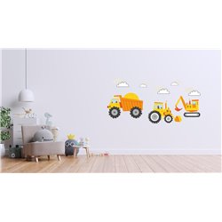Naklejka na ścianę dla dzieci żółte naklejki koparki maszyny traktor wywrotka chmurki drzewa pixitex